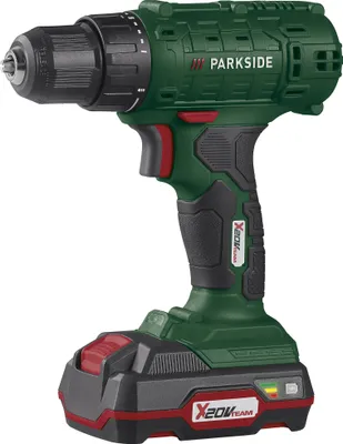 A cordless drill with battery and charger, presented against a white background.
