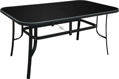 A black rectangular outdoor table with a glass top and metal frame, shown against a white background.