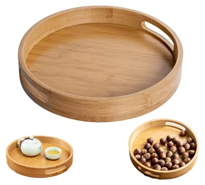 Image de Plateau décoratif rond en bois avec des poignées