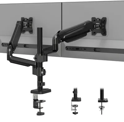 Image de Support double écran pour moniteurs de 13 à 32 pouces, système à ressort à gaz, supporte jusqu'à 9 kg, couleur noire