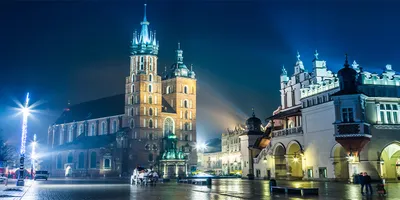 Produktbild von Tulup® Glas-Bild - 100x50 -Wandkunst - Wandbild hinter gehärtetem Sicherheitsglas  - Sehenswürdigkeiten & Architektur - Krakau bei Nacht - Blau
