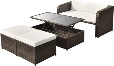 Image de Ensemble de salon en polyrotin avec coussins marron, 4 pièces
