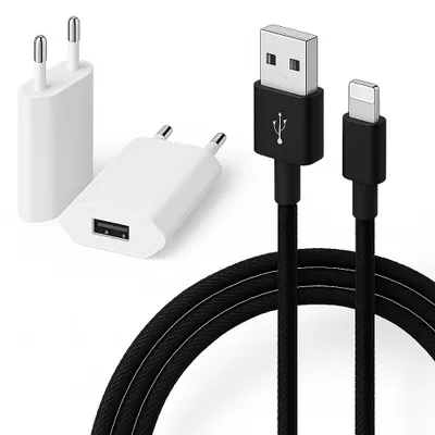 Produktbild von Nylon USB A Schnellladekabel für Apple Geräte 2 Meter mit 5 Volt Ladegerät Netzteil Daten und Ladekabel für Apple iPhone 5 bis 14 Plus Mini Pro Max