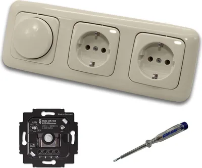 Produktbild von Busch Jäger 6523UR-103 LED Drehdimmer Dimmer + Dimmerscheibe 2115-212 und 2 x Steckdose 20EUC-212 in DURO2000 cremeweiß glänzend inklusive EBROM Phasenprüfer zur Montage der Geräte 6523 UR-103