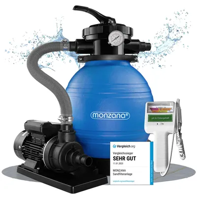 Produktbild von MONZANA® Sandfilteranlage Pool Selbstansaugend 10.200L/h 450 Watt 2in1 Adapter Ø32mm – 38mm Wassertester Ph Chlor 7-Wege Sandfilterpumpe Poolfilter Filteranlage