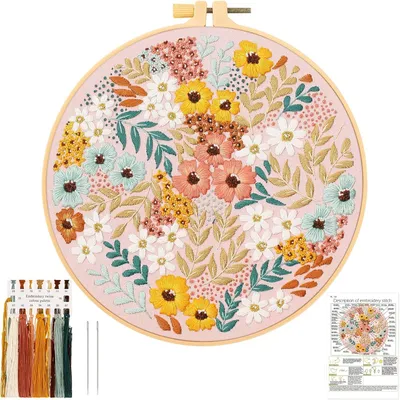 Produktbild von Stickset für Erwachsene (Anfänger) mit Blumen- und Pflanzenmotiven, Handarbeitsstickerei, Zubehör inklusive.