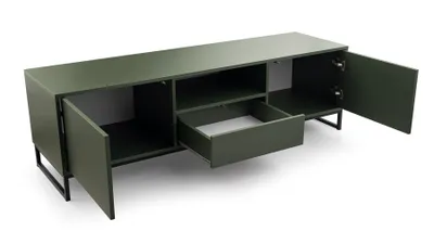 A green TV cabinet with black legs, shown with one drawer open and two doors ajar.