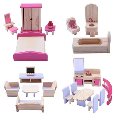 Produktbild von Puppenhausmöbel Holz Set - 22 Teile - Naturbelassenes Holzspielzeug 1:12 ab 3 Jahren