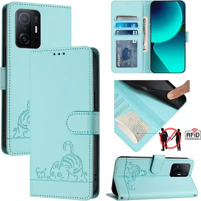 Produktbild von Leder Hülle für Xiaomi Mi 10T / Mi 10T Pro 5G Süße Katze Flip Case Brieftasche Schutzhülle mit Standfunktion hellgrün