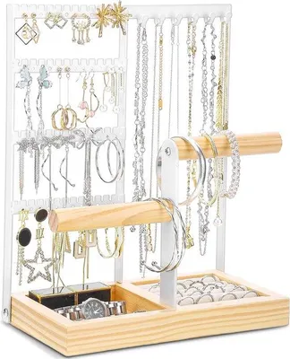 Produktbild von Famanu Schmuckständer mit Holzbasis und Metall für Damen - Kettenhalter für Schmuck, Armbänder, Ohrringe, Ringe und Uhren