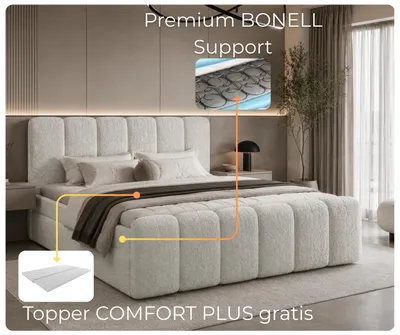 Obrázok produktu pre Boxspringová posteľ LETT 180 x 200 cm, krémová farba, bouclé, s úložným priestorom a matracovým chráničom – moderná čalúnená posteľ Coral 65