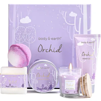 Immagine prodotto di Set regalo per donna, composto da 5 prodotti: profumo all'orchidea, candela profumata, crema corpo, crema mani e bomba da bagno