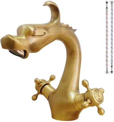 Immagine prodotto di Rubinetto da bagno in ottone Unyqoos® in stile antico – Miscelatore a due manopole con design a drago, finitura anticata spazzolata, erogatore a risparmio idrico per bagno e cucina