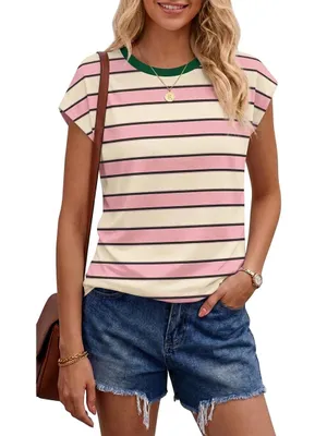 Produktbild von Chicrise Damen Tops Sommer Rundhals Flügelärmeln T-Shirt Streifen Farbblock Ärme