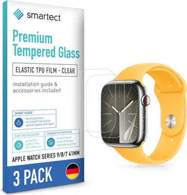 Produktbild von smartect TPU Schutzfolie Klar für Apple Watch Series 9 / 8 / 7 41mm, 3 x Front