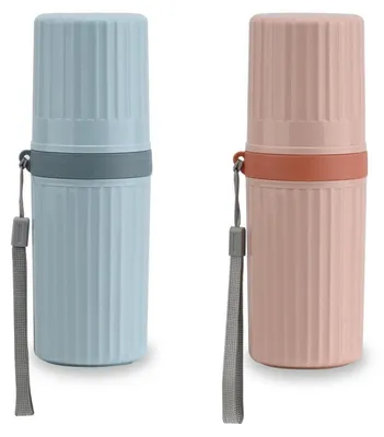 Immagine prodotto di 2 bicchieri da viaggio per il dentifricio, custodia per spazzolini, colore blu e rosa