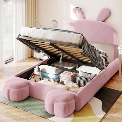 Produktbild von MODFU Kinderbett Polsterbett 140×200 cm mit warmfarbene LED-Licht, Jugendbett Doppelbett mit Kopfteil in Hasenohrenform und zwei Aufbewahrungshockern, Samt(Ohne Matratze), Boxspringbett Hydraulisches mit Bettkasten Stauraum, Samt Rosa