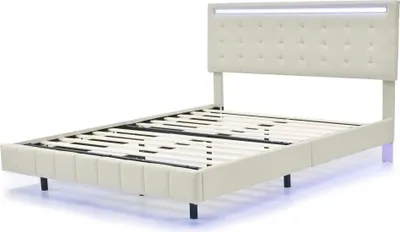 Produktbild von Polsterbett Schwebebett 140x200 cm (Ohne Matratze) LED-Leuchten gepolsterter Rahmen und Kopfteildesign flächiges Doppelbett-Gästebett Leinen Beige