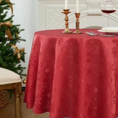 Obrázok produktu pre Okrúhla obrus, červená, 180 cm, vzor snehové vločky a hviezdy, umývateľná