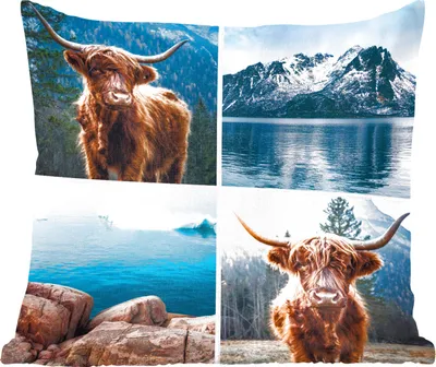 Produktbild von MuchoWow® Zierkissen Sofakissen Wohnzimmer Dekokissen 60x60 cm Schottisches Hochlandrind - Berg - Collage - Sitzfläche - Foto Polster