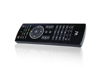 A black remote control is shown against a white background with a reflection.