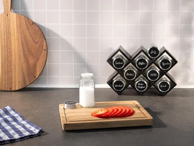 Produktbild von Holzes Kräuterregal für die Küchentür - Schwarz (10 Gläser) - Küchenorganizer ohne Bohren