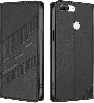 A black leather phone case is shown from two angles.