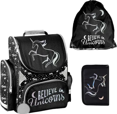 Image de Cartable Licorne - Lot de 3 pièces - Sac à dos, trousse, sac à chaussures, cartable – Motif : UNICORN