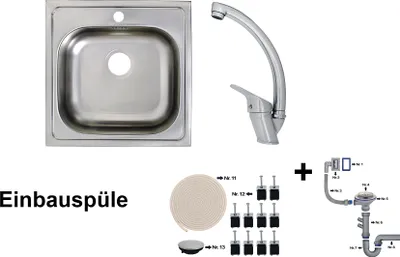 A flat lay of a kitchen sink, faucet, and plumbing accessories against a white background.