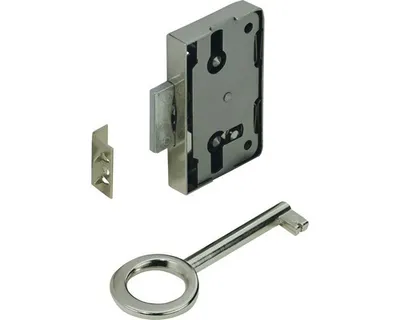 A lock mechanism and a key are shown against a white background.