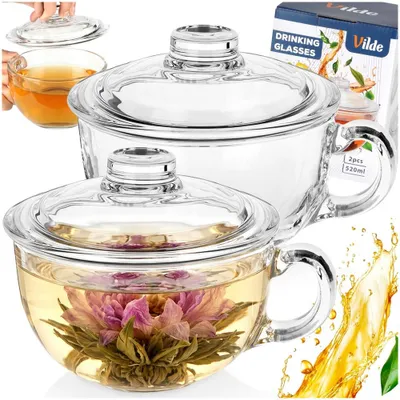 Immagine prodotto di Vilde | Set 2 tazze in vetro 520 ml con coperchio - Bicchieri grandi per tè con manico - Tazze per zuppa - Termoresistenti