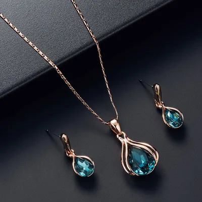 Produktbild von Frauen Wasser Tropfen Form Strass Anhänger Halskette Ohr Stud Ohrringe Schmuck Set