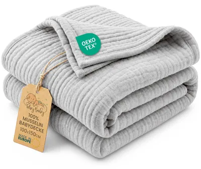 Produktbild von Musselin Decke Babydecke Baumwolle 100 x 150 cm - Musselindecke Kuscheldecke Baby Musselintücher Kinderdecke dünne Babydecken Pucktuch Muslin Blanket für Kinder -Zertifikat Grau