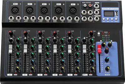 Produktbild von 7-Kanal Audio Mixer - Mischpult - 48V Phantomspeisung Hi-Fi 20Hz–20kHz - 6 Musikmodi - Schweres Metallgehäuse - Echtzeit Monitoring - Schwarz