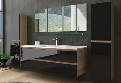 Badmöbel Set 90 cm Eiche Schwarz Weiss Nachbildung Hochglanz Badezimmermöbel Bad Schränke Spiegel Unterschrank Waschtisch Spiegel Ablage 2x Hochschrank .