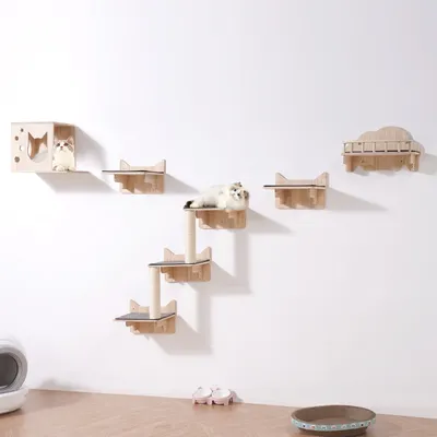 Produktbild von VEVOR Wandmontierter Katzenständer, Katzenwandregal und Sitzstange mit Sprungbrett, Nest, Barrierebrett und Kratzbaum, schwimmendes Katzenmöbel, Gewicht bis zu 18 kg, 5er-Set