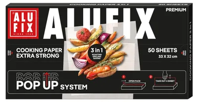 Produktbild von ALUFIX Backpapier POP-UP 3-in-1/50 Stück Backpapier-Bögen/ 33 x 32 cm/Weiß/Perga