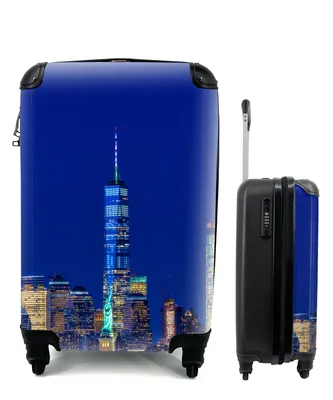 Produktbild von MuchoWow® Koffer Handgepäck Trolley Rollkoffer Kleine Reisekoffer mit 4 Rollen - Freiheitsstatue mit NY-Skyline - Cabin Size < 55x40x23 cm & 55x40x20 cm - Fotokoffer - Kabinenkoffer - Boardgepäck - Reise-Box - Reisekoffer - Reisegepäck - Koffer mit Bild - Trolley für Kinder