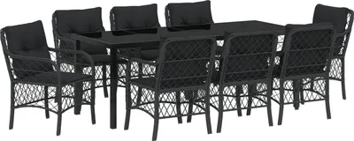 Produktbild von Möbel 9-teiliges Gartentisch-Set mit Kissen Schwarz Poly-Rattan - Gartenstühle 3380210