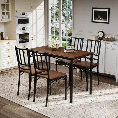 Produktbild von MODFU Esszimmerstuhl Set mit 4 Stühlen und Esstisch,Küchentisch 76,5 cm hohen,Küchenstuhl,für Küche, Wohnzimmer,Nussbaum