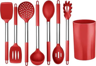 Produktbild von Famanu Küchenhelfer-Set 8-teilig - Rot, hitzebeständig, mit Edelstahlgriffen