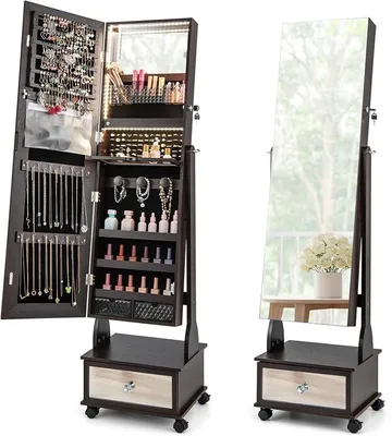 Imagen del producto de Espejo de tocador con 3 espejos, espejo ajustable para maquillaje con cajón, ruedas e iluminación. Armario espejo con cerradura para guardar collares, pendientes y maquillaje. Dimensiones: 42x35x159 cm (marrón)