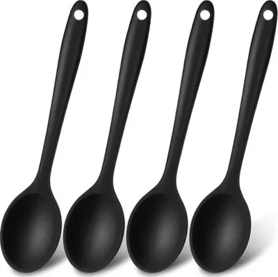 Produktbild von 4 Stück Kleiner Silikon Löffel Antihaft-Küchenlöffel Kochlöffel Silikon-Servierlöffel Rührlöffel für die Küche Kochen Backen Rühren Mixing Tools(Schwarz)