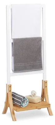 Handtuchständer freistehend, 3 Stangen, Ablage, Bambusfuß, Weiß, 104x41x28,5 cm