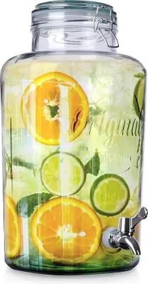 Zdjęcie produktu dla Dozownik do napojów Unyqoos® ze szkła, pojemność 8 litrów, z kranikiem i pokrywką, średnica 20,5 × wysokość 37 cm, wykonany ze szkła, metalu i tworzywa sztucznego, idealny do lemoniady, soków i koktajli