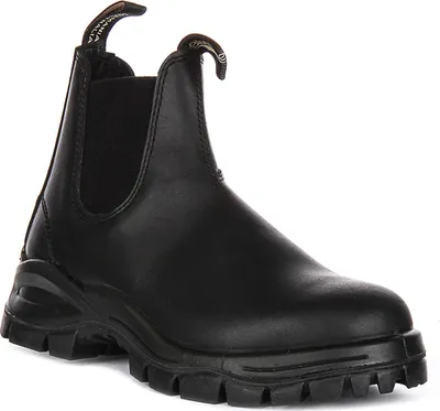 A black leather Blundstone boot with a thick lug sole, shown from a side-angle against a white background.