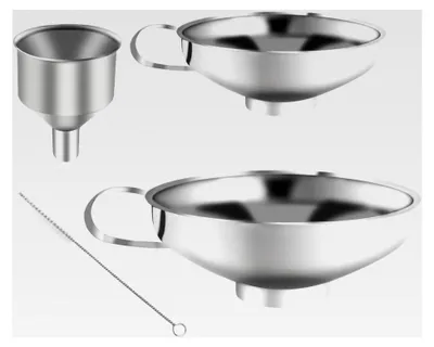 Produktbild von 4-teiliges Edelstahl-Trichterset, Marmeladentrichter, Einmachtrichter, Einfülltrichter mit Griff, zum Umfüllen von Gewürzen, Flüssigkeiten, Pulver, Bohnen, Konfitüre (3 Größen, 1 Bürste)