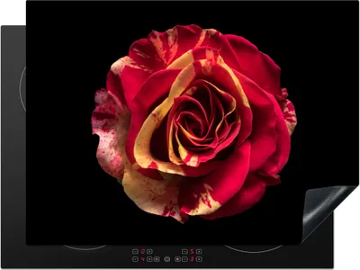 Produktbild von KitchenYeah© Herdabdeckplatte Blume - Rose - Rot - Schwarz , 71x52cm, Küche Deko, Glaskeramikkochfeld Herdabdeckung, Abdeckplatte fùr Kochfeld