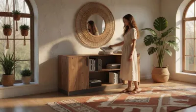 Image de Console au design minimaliste, en bois et en métal