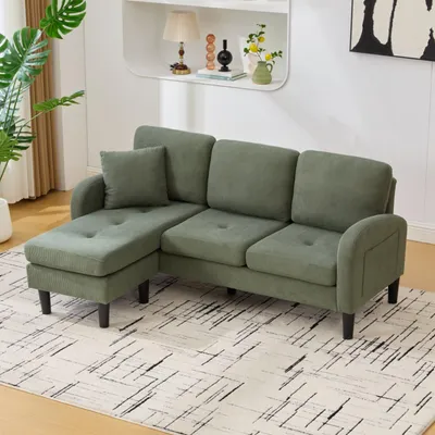 Produktbild von Merax L-Form Ecksofa mit Chaiselongue, 3-Sitzer Sofa mit Samt-Cord und Massivholzrahmen, modulares Wohnzimmersofa mit Kunststoffbeine, Grün